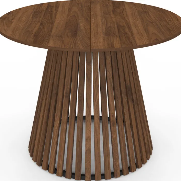 Table à manger ronde CARMEN 6 personnes pied noyer en lattes et plateau noyer 110 cm