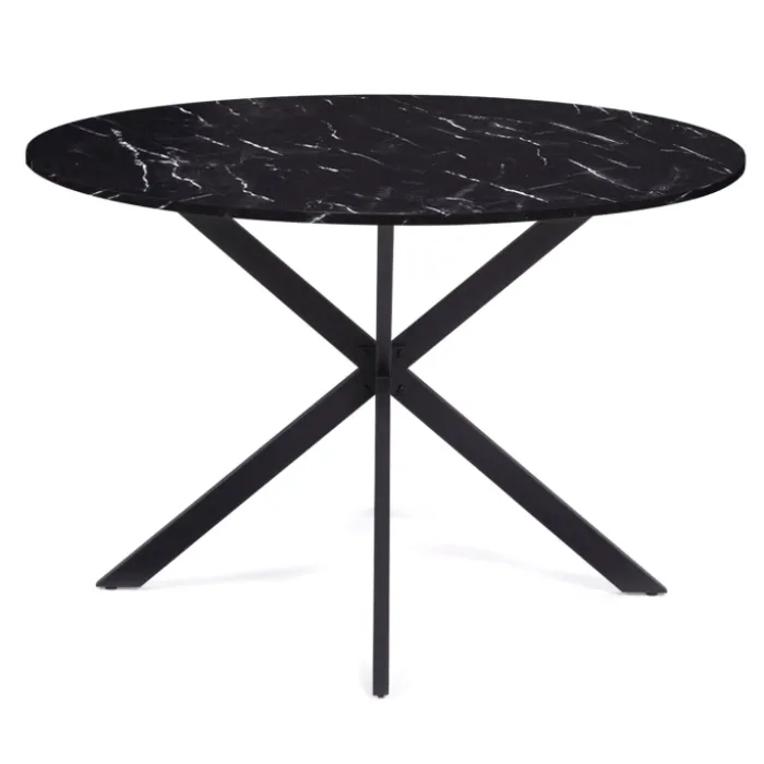 Table à manger ronde effet marbre noir pied araignée métal noir