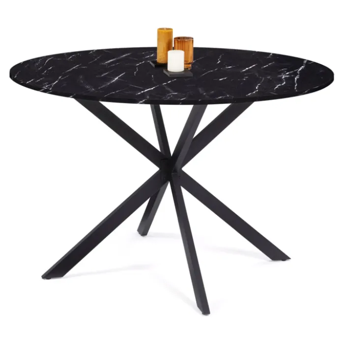 Table à manger ronde effet marbre noir pied araignée métal noir