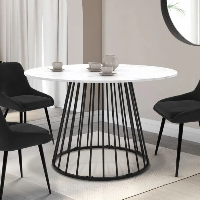 Table à manger ronde effet marbre blanc et pied en métal