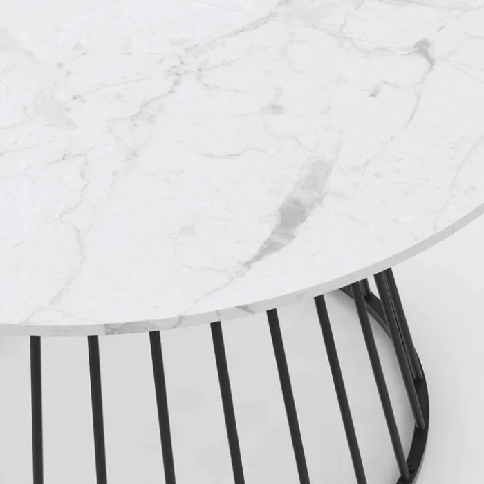 Table à manger ronde effet marbre blanc et pied en métal