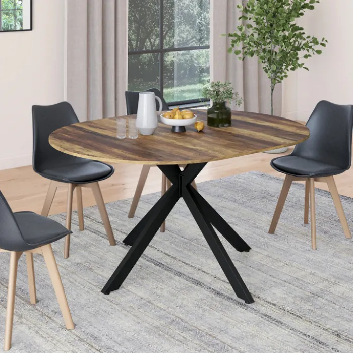 Table à manger ronde extensible bois foncé et noir 110-150 cm 4-8 personnes pied araignée