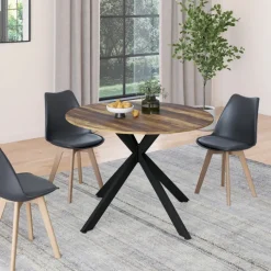 Table à manger ronde extensible bois foncé et noir 110-150 cm 4-8 personnes pied araignée