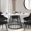 Table à manger ronde extensible 110-150 cm 4-8 personnes plateau effet marbre blanc et pied filaire métal noir