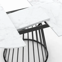 Table à manger ronde extensible 110-150 cm 4-8 personnes plateau effet marbre blanc et pied filaire métal noir