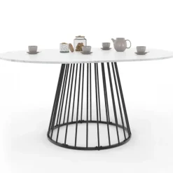 Table à manger ronde extensible 110-150 cm 4-8 personnes plateau effet marbre blanc et pied filaire métal noir