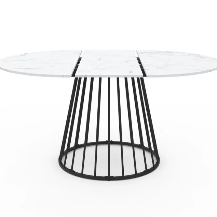 Table à manger ronde extensible 110-150 cm 4-8 personnes plateau effet marbre blanc et pied filaire métal noir