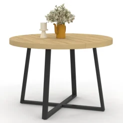 Table à manger ronde extensible 4-10 personnes 110-200 cm bois et pieds noirs