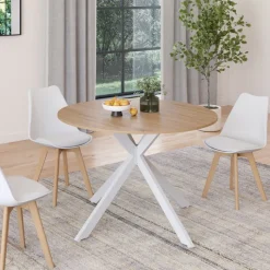 Table à manger ronde extensible bois et blanc 110-150 cm 4-8 personnes pied araignée