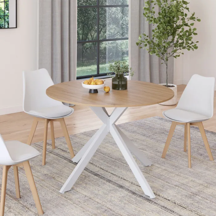 Table à manger ronde extensible bois et blanc 110-150 cm 4-8 personnes pied araignée
