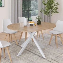Table à manger ronde extensible bois et blanc 110-150 cm 4-8 personnes pied araignée
