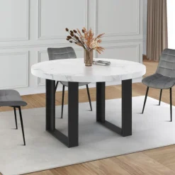Table à manger ronde extensible de 110-150 cm pour 4 à 6 personnes à l’effet marbre