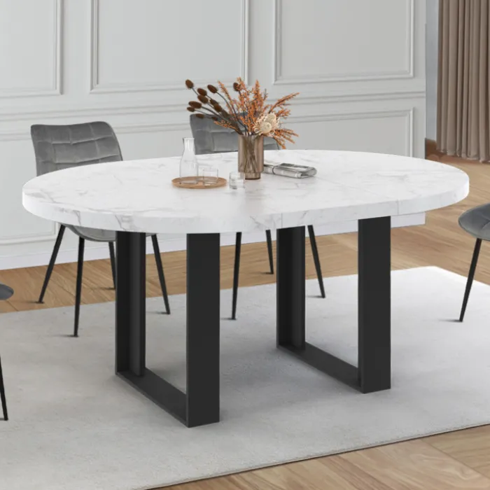 Table à manger ronde extensible de 110-150 cm pour 4 à 6 personnes à l’effet marbre