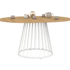 Table à manger ronde extensible 110-150 cm 4-8 personnes plateau bois et pied filaire métal blanc