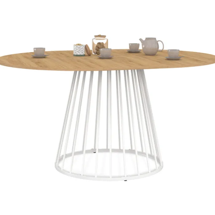 Table à manger ronde extensible 110-150 cm 4-8 personnes plateau bois et pied filaire métal blanc