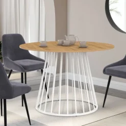 Table à manger ronde extensible 110-150 cm 4-8 personnes plateau bois et pied filaire métal blanc