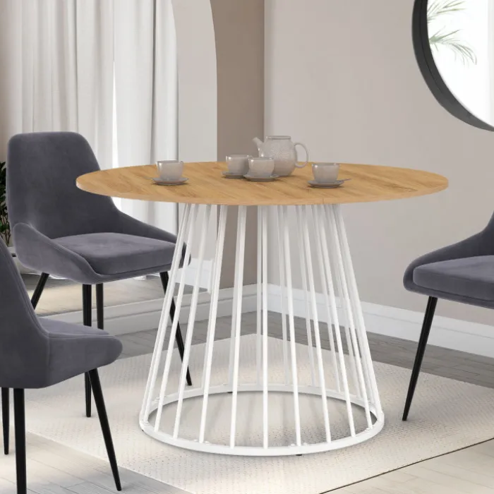 Table à manger ronde extensible 110-150 cm 4-8 personnes plateau bois et pied filaire métal blanc
