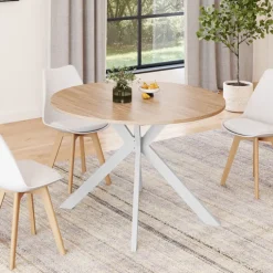 Table à manger ronde extensible 110-200 cm 4-10 personnes bois et blanc pied araignée