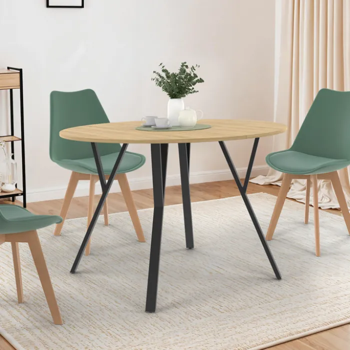 Table à manger ronde extensible 110-150 cm 4-8 personnes bois et noir design industriel