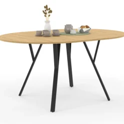 Table à manger ronde extensible 110-150 cm 4-8 personnes bois et noir design industriel