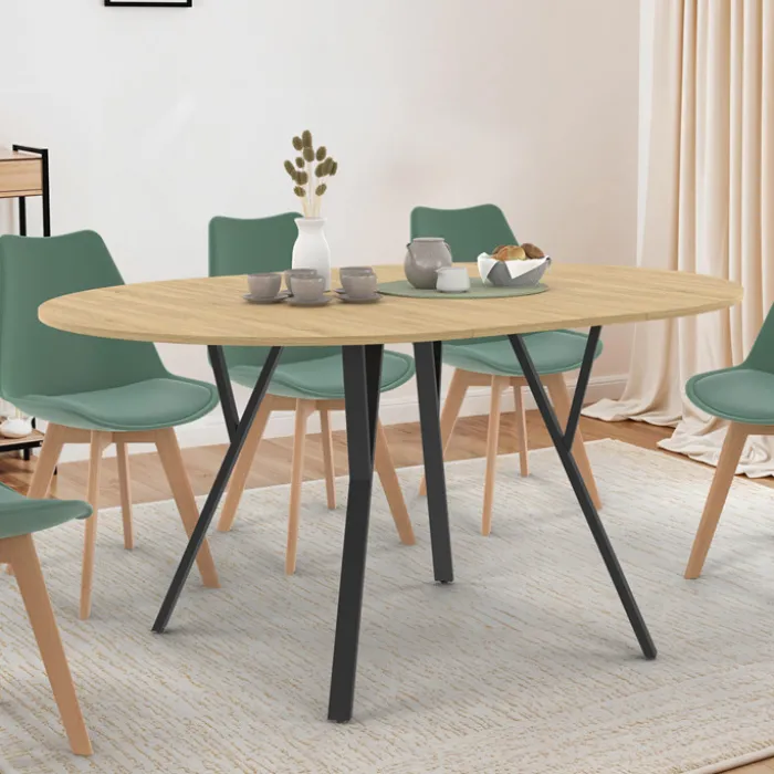 Table à manger ronde extensible 110-150 cm 4-8 personnes bois et noir design industriel