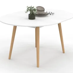 Table à manger ronde extensible 4-8 personnes blanc pied bois 110-150 cm