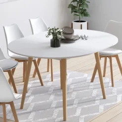 Table à manger ronde extensible 4-8 personnes blanc pied bois 110-150 cm