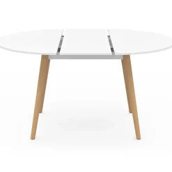 Table à manger ronde extensible 4-8 personnes blanc pied bois 110-150 cm