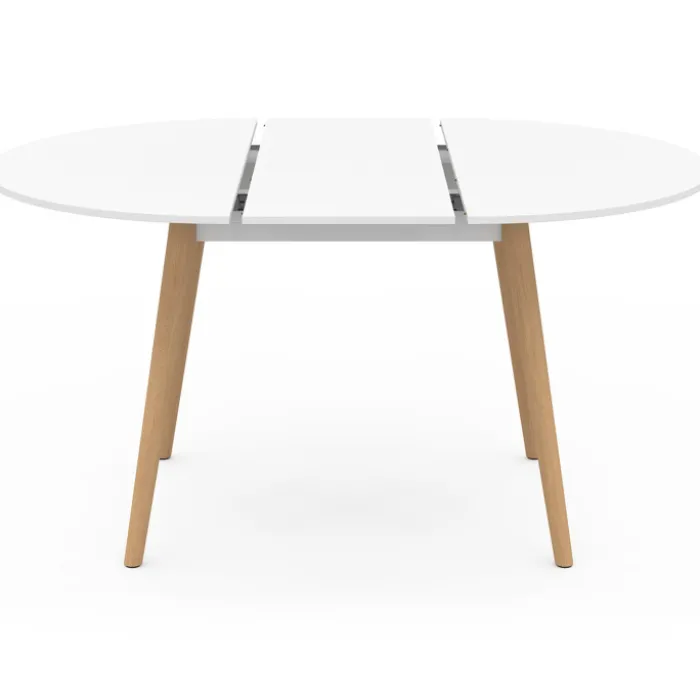 Table à manger ronde extensible 4-8 personnes blanc pied bois 110-150 cm