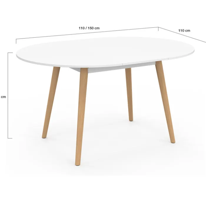 Table à manger ronde extensible 4-8 personnes blanc pied bois 110-150 cm
