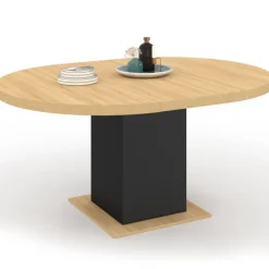 Table à manger ronde extensible 4-8 personnes noir et bois