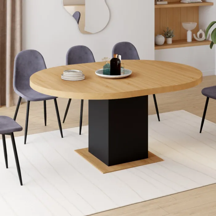 Table à manger ronde extensible 4-8 personnes noir et bois