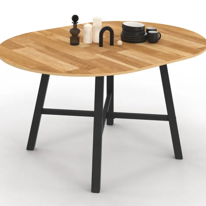 Table à manger ronde extensible bois et métal noir