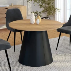 Table à manger ronde extensible 4-8 personnes bois effet hêtre et pied noir 110-150 cm