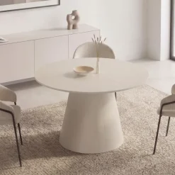 Table à manger ronde extensible 6 personnes bois beige 110-150 cm
