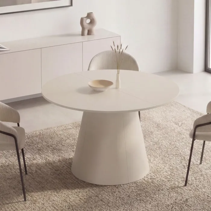 Table à manger ronde extensible 6 personnes bois beige 110-150 cm