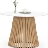 Table à manger ronde 6 personnes 110 cm plateau bois blanc et pied bois en lattes
