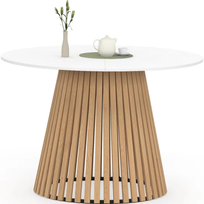 Table à manger ronde 6 personnes 110 cm plateau bois blanc et pied bois en lattes