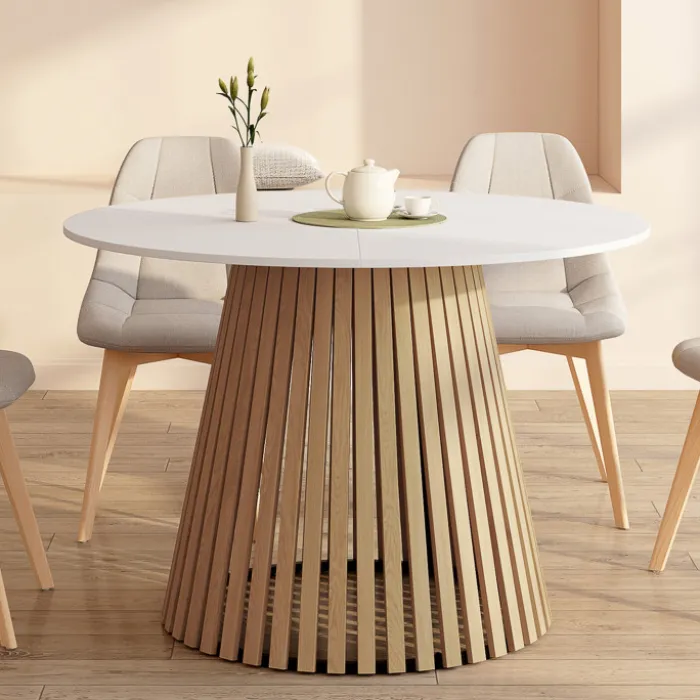 Table à manger ronde 6 personnes 110 cm plateau bois blanc et pied bois en lattes