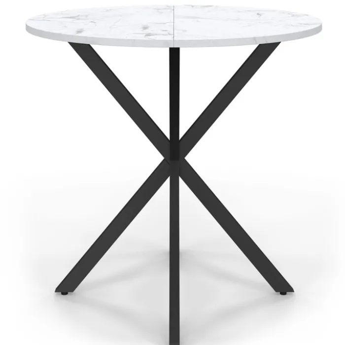 Table à manger ronde plateau effet marbre blanc pied araignée noir 4 personnes