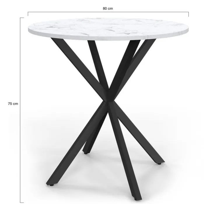 Table à manger ronde plateau effet marbre blanc pied araignée noir 4 personnes