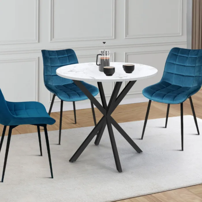 Table à manger ronde plateau effet marbre blanc pied araignée noir 4 personnes