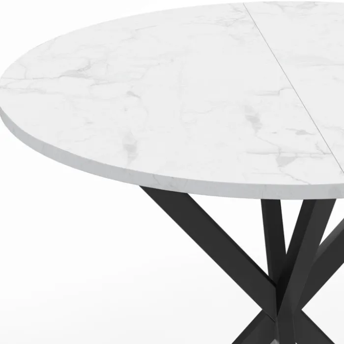 Table à manger ronde plateau effet marbre blanc pied araignée noir 4 personnes