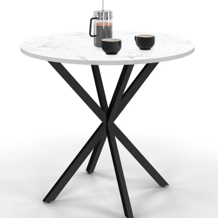 Table à manger ronde plateau effet marbre blanc pied araignée noir 4 personnes