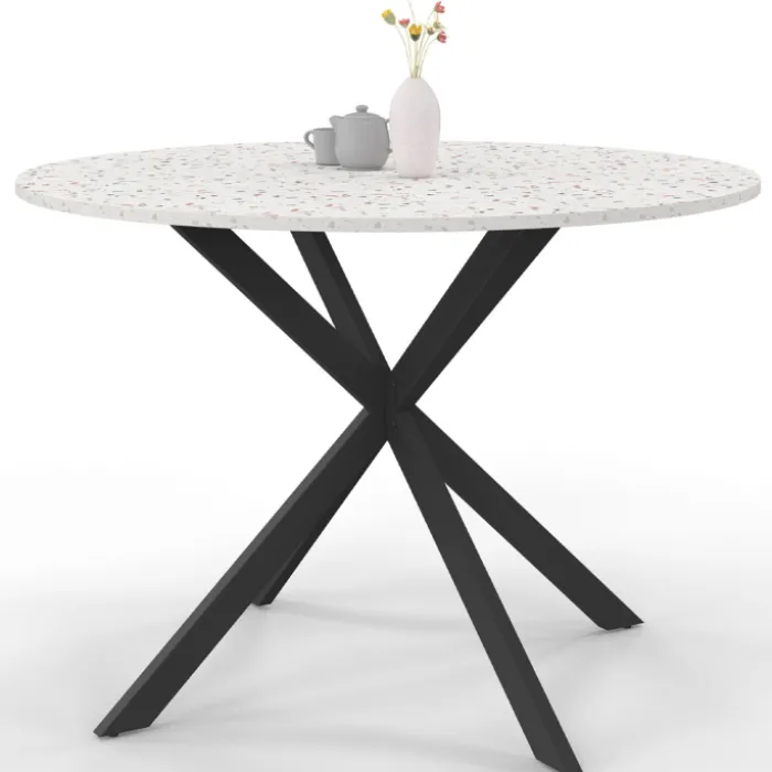 Table à manger ronde plateau effet terrazzo et noir 110 cm
