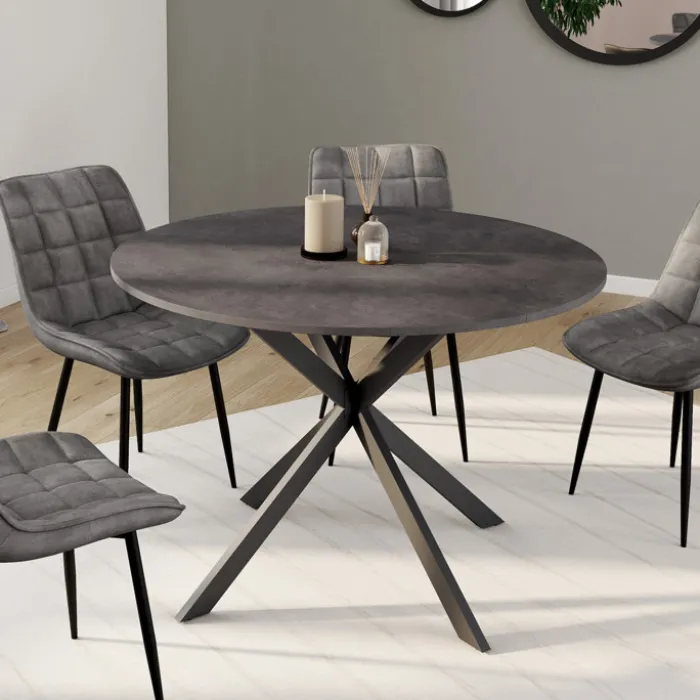 Table à manger ronde plateau effet béton 110 cm pied araignée gris anthracite 6 personnes
