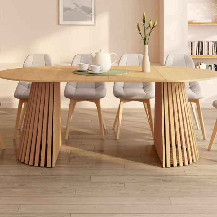 Table à manger ronde pour 10 personnes avec pied en bois en 110-200 cm