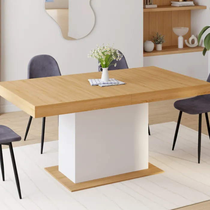 Table avec pied central bois et blanc extensible