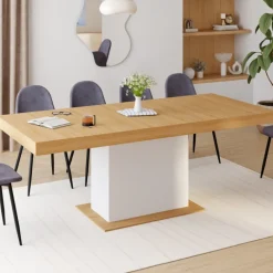 Table avec pied central bois et blanc extensible