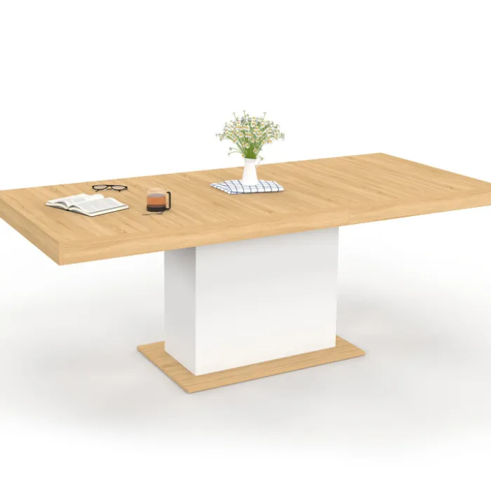 Table avec pied central bois et blanc extensible